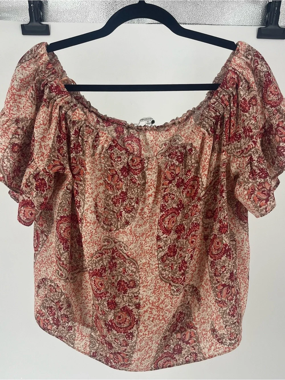 Madewell Red and Cream Paisley Off-Shoulder Blouse